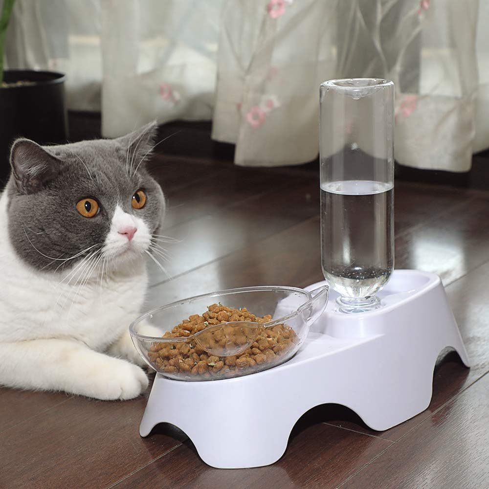 Cat Dual Automatic Feeder & Water Dispenser – 15° Tilted Neck-Protecting Bowl, Detachable Design with Transparent Ear-Shaped Bowl & 17oz Water Bottle