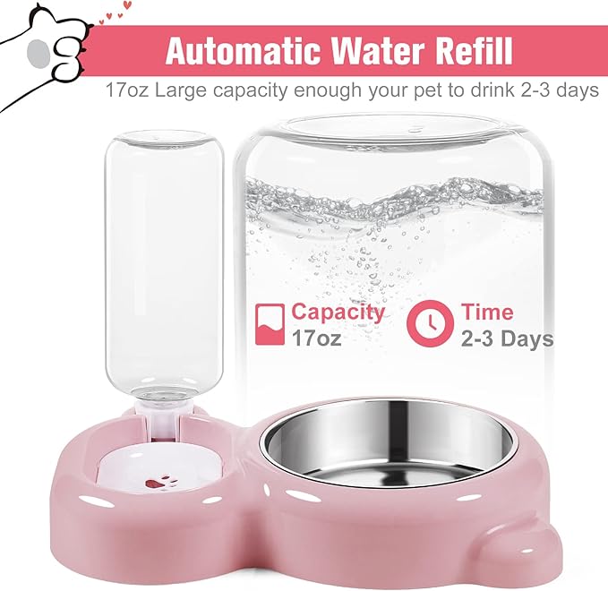 Detachable Dual Bowl Automatic Pet Feeder and Water Dispenser – Stainless Steel Food Bowl with 17oz Auto Refill Bottle, Gravity Water Supply for Cats and Dogs