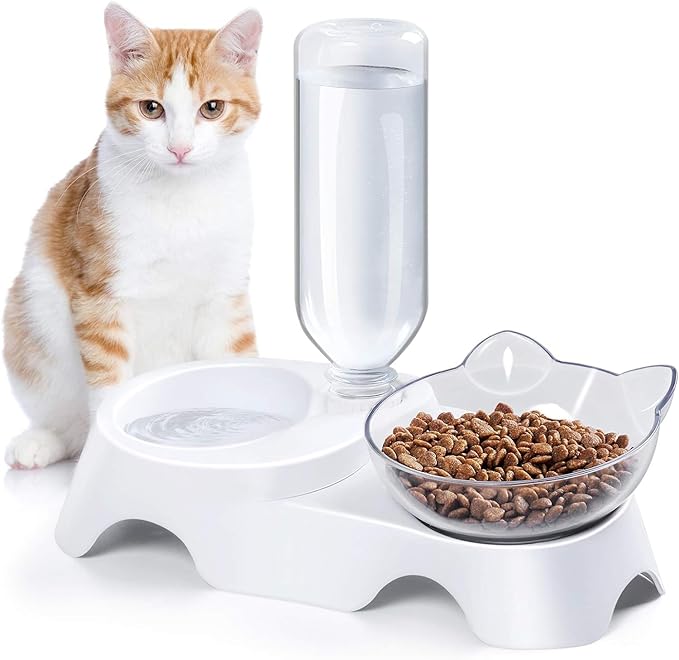 Cat Dual Automatic Feeder & Water Dispenser – 15° Tilted Neck-Protecting Bowl, Detachable Design with Transparent Ear-Shaped Bowl & 17oz Water Bottle