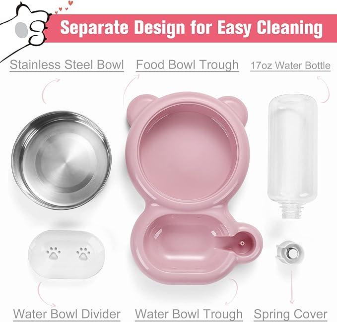 Detachable Dual Bowl Automatic Pet Feeder and Water Dispenser – Stainless Steel Food Bowl with 17oz Auto Refill Bottle, Gravity Water Supply for Cats and Dogs