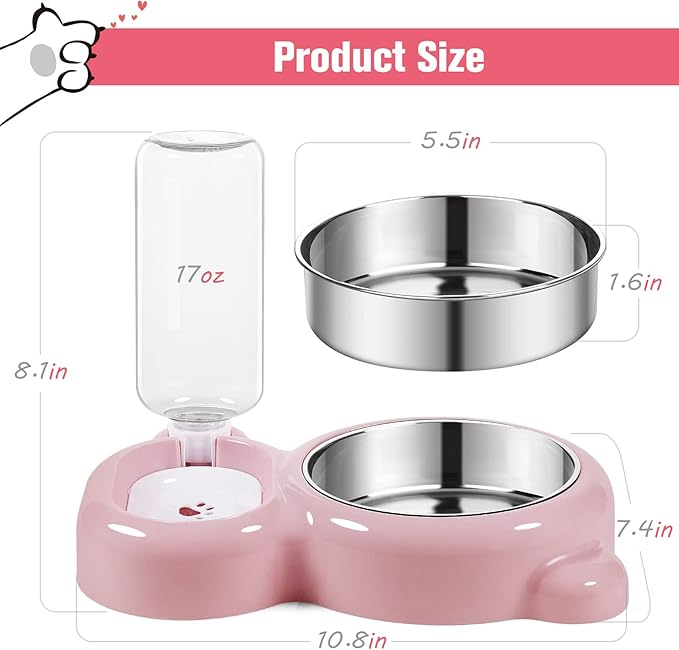 Detachable Dual Bowl Automatic Pet Feeder and Water Dispenser – Stainless Steel Food Bowl with 17oz Auto Refill Bottle, Gravity Water Supply for Cats and Dogs