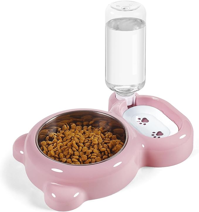 Detachable Dual Bowl Automatic Pet Feeder and Water Dispenser – Stainless Steel Food Bowl with 17oz Auto Refill Bottle, Gravity Water Supply for Cats and Dogs