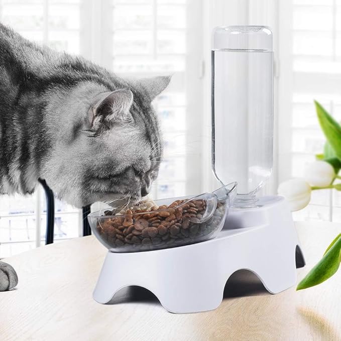 Cat Dual Automatic Feeder & Water Dispenser – 15° Tilted Neck-Protecting Bowl, Detachable Design with Transparent Ear-Shaped Bowl & 17oz Water Bottle