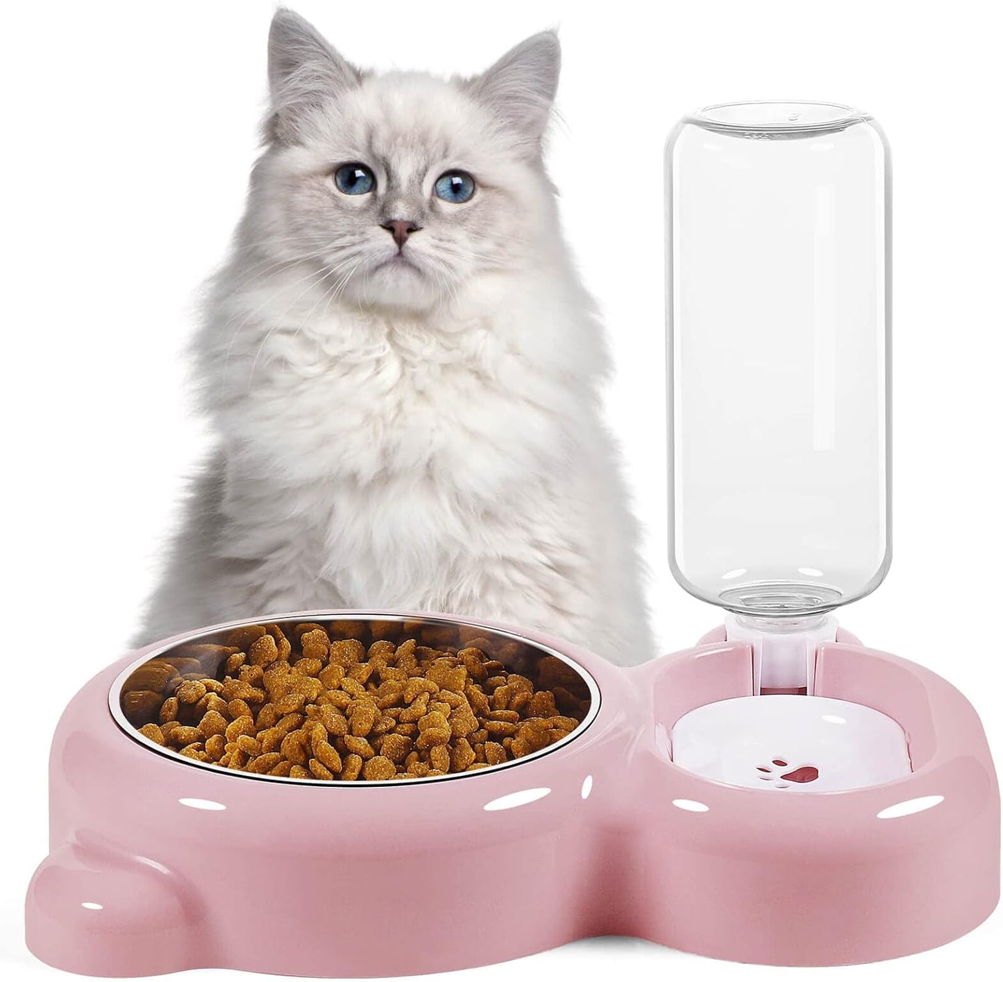 Detachable Dual Bowl Automatic Pet Feeder and Water Dispenser – Stainless Steel Food Bowl with 17oz Auto Refill Bottle, Gravity Water Supply for Cats and Dogs