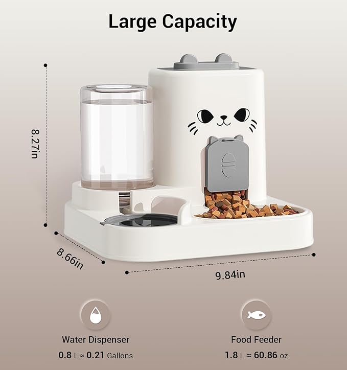 Cute Cat Design Large Capacity Dual Pet Feeder – Automatic Gravity Food & Water Dispenser for Cats and Small Dogs, 1.8L Food Bin + 0.8L Water Tank