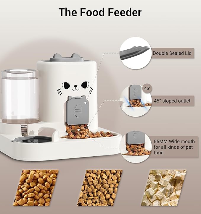 Cute Cat Design Large Capacity Dual Pet Feeder – Automatic Gravity Food & Water Dispenser for Cats and Small Dogs, 1.8L Food Bin + 0.8L Water Tank