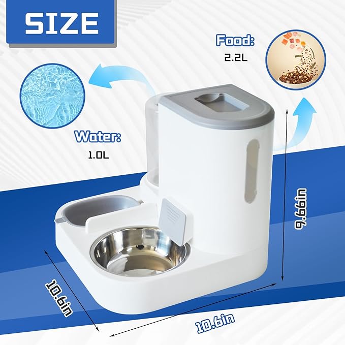 Dual Automatic Pet Feeder & Water Dispenser – Gravity Food and Water Supply for Cats & Small Dogs, 2.2L Food Bin + 1L Water Tank, Removable Stainless Steel Bowl