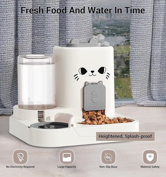 Cute Cat Design Large Capacity Dual Pet Feeder – Automatic Gravity Food & Water Dispenser for Cats and Small Dogs, 1.8L Food Bin + 0.8L Water Tank