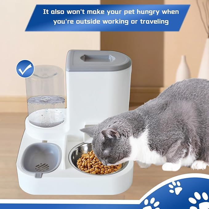 Dual Automatic Pet Feeder & Water Dispenser – Gravity Food and Water Supply for Cats & Small Dogs, 2.2L Food Bin + 1L Water Tank, Removable Stainless Steel Bowl