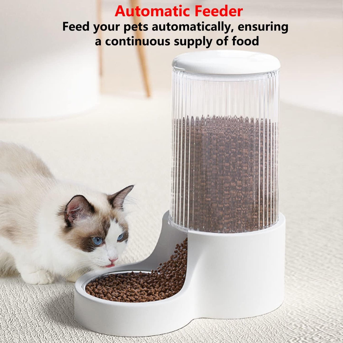 15° Tilted Neck-Protecting Large Capacity Automatic Pet Feeder – Gravity Food Dispenser for Cats & Small Dogs, Transparent Food Container, Easy to Clean & Non-Slip Base
