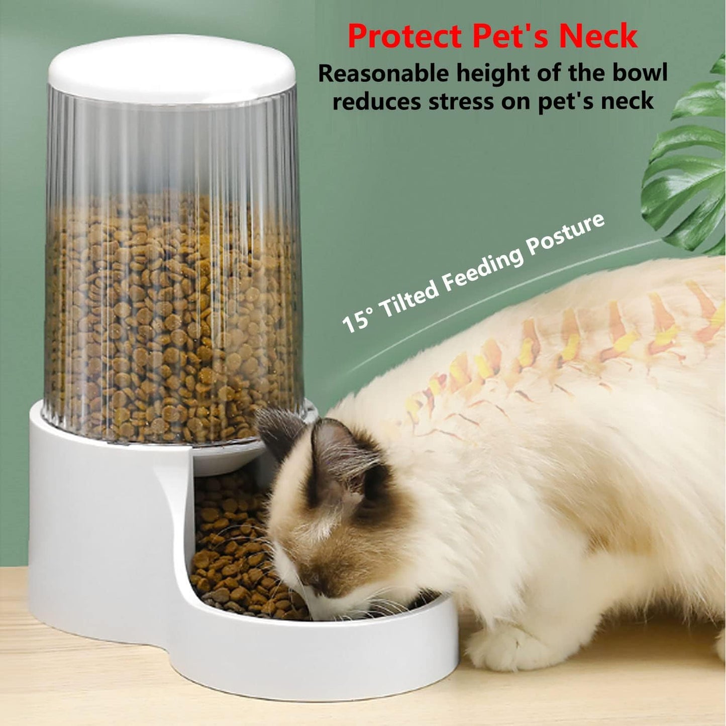 15° Tilted Neck-Protecting Large Capacity Automatic Pet Feeder – Gravity Food Dispenser for Cats & Small Dogs, Transparent Food Container, Easy to Clean & Non-Slip Base