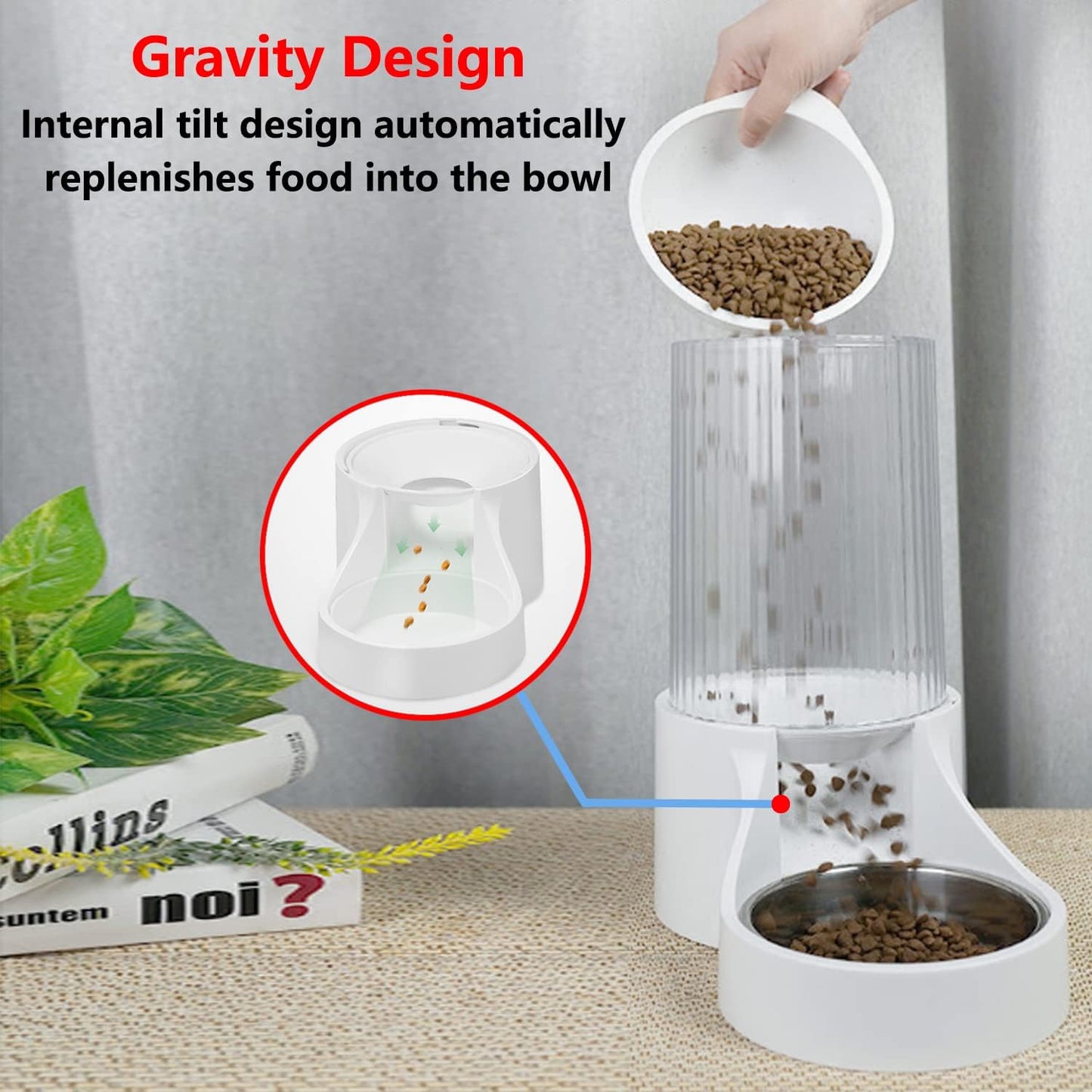 15° Tilted Neck-Protecting Large Capacity Automatic Pet Feeder – Gravity Food Dispenser for Cats & Small Dogs, Transparent Food Container, Easy to Clean & Non-Slip Base