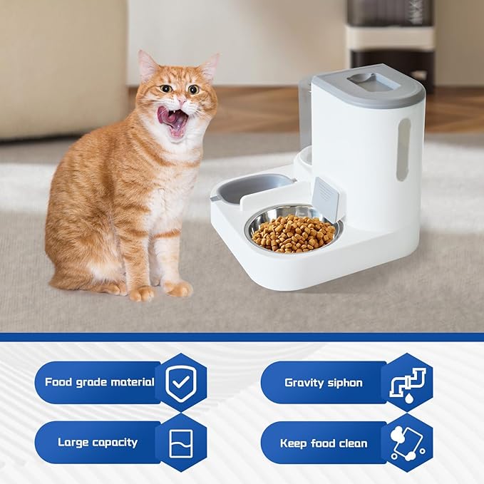 Dual Automatic Pet Feeder & Water Dispenser – Gravity Food and Water Supply for Cats & Small Dogs, 2.2L Food Bin + 1L Water Tank, Removable Stainless Steel Bowl