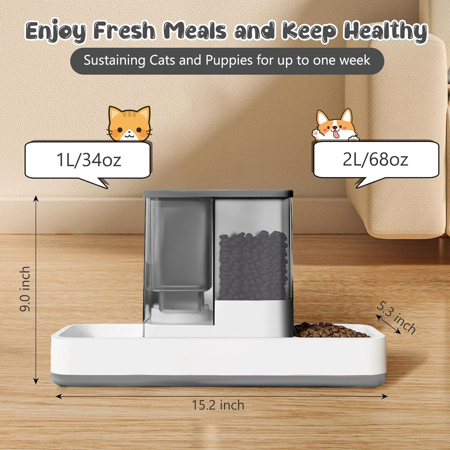 Dual-Compartment Large Capacity Automatic Pet Feeder – Gravity Food & Water Dispenser for Cats & Small Dogs, 1L Water Tank + 2L Food Bin