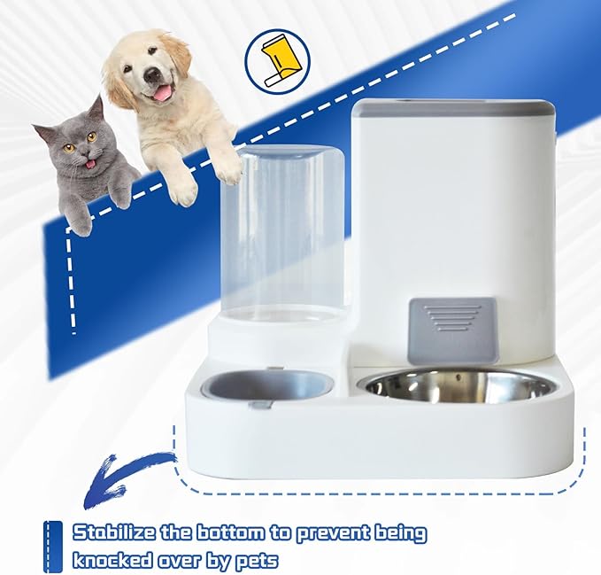 Dual Automatic Pet Feeder & Water Dispenser – Gravity Food and Water Supply for Cats & Small Dogs, 2.2L Food Bin + 1L Water Tank, Removable Stainless Steel Bowl