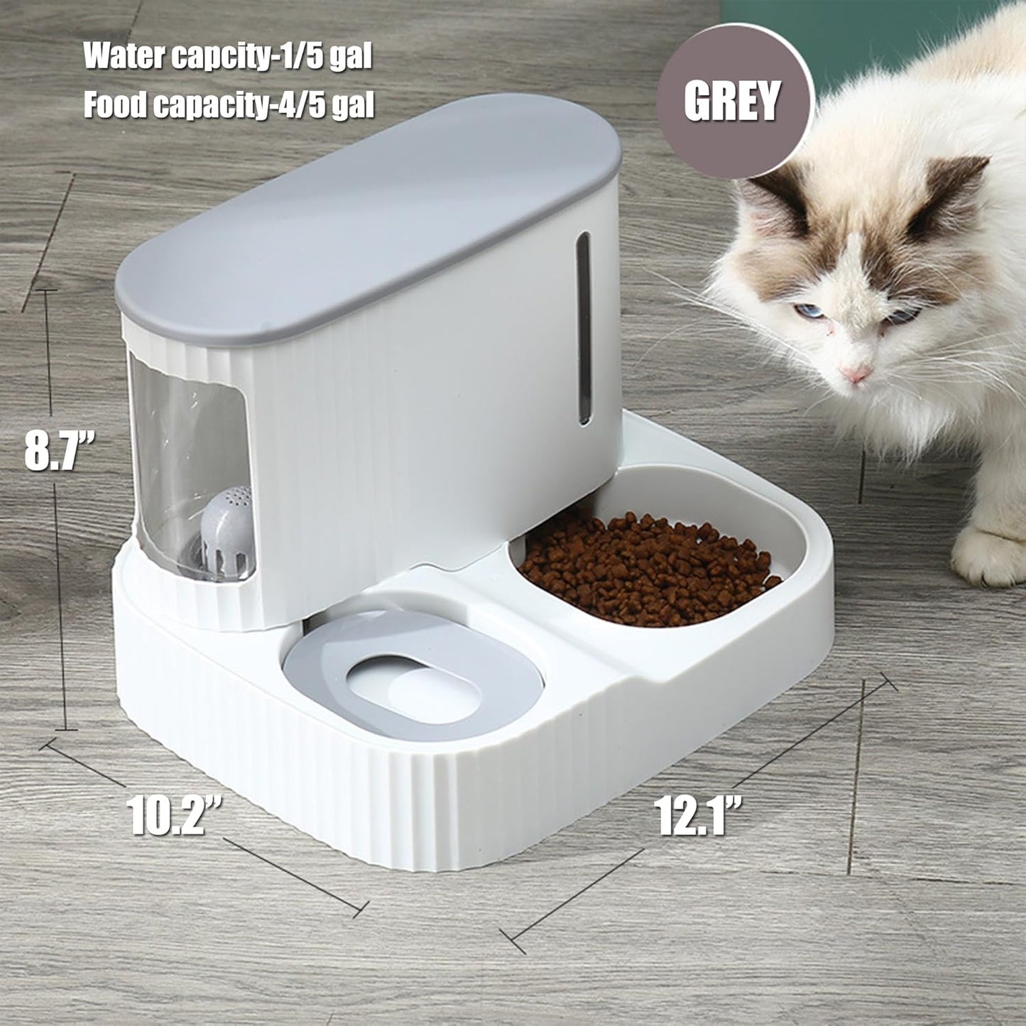 Grey Dual Automatic Pet Feeder & Water Dispenser – Gravity Food and Water Supply for Cats & Small Dogs, 0.8 Gal Food Bin + 0.2 Gal Water Tank