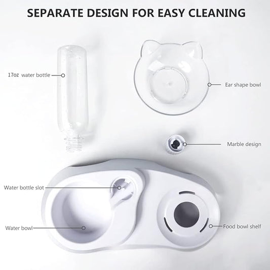 Cat Dual Automatic Feeder & Water Dispenser – 15° Tilted Neck-Protecting Bowl, Detachable Design with Transparent Ear-Shaped Bowl & 17oz Water Bottle