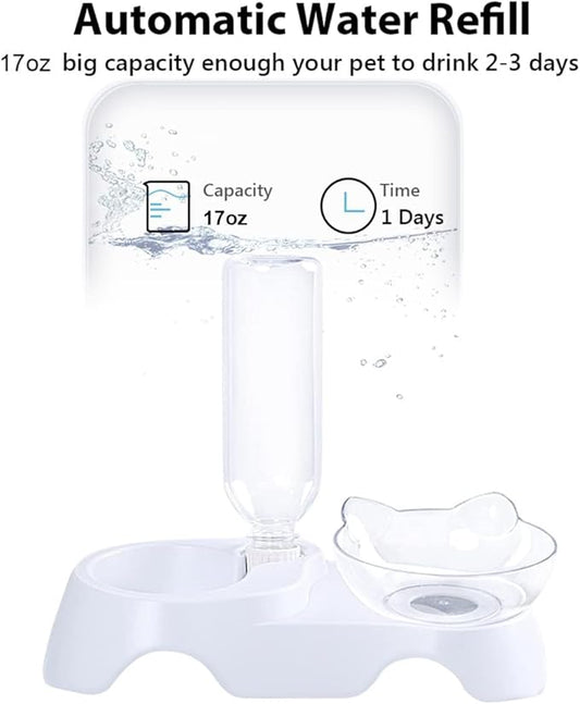 Cat Dual Automatic Feeder & Water Dispenser – 15° Tilted Neck-Protecting Bowl, Detachable Design with Transparent Ear-Shaped Bowl & 17oz Water Bottle