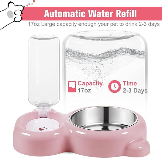 Detachable Dual Bowl Automatic Pet Feeder and Water Dispenser – Stainless Steel Food Bowl with 17oz Auto Refill Bottle, Gravity Water Supply for Cats and Dogs