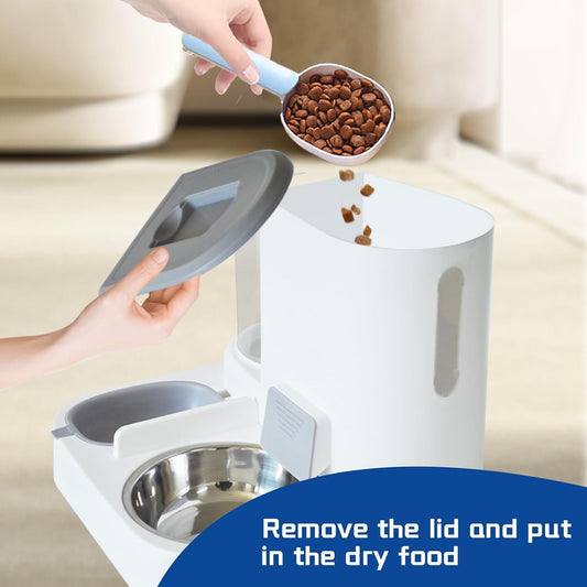 Dual Automatic Pet Feeder & Water Dispenser – Gravity Food and Water Supply for Cats & Small Dogs, 2.2L Food Bin + 1L Water Tank, Removable Stainless Steel Bowl