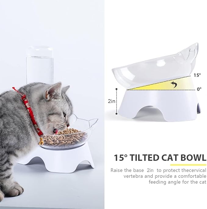 Cat Dual Automatic Feeder & Water Dispenser – 15° Tilted Neck-Protecting Bowl, Detachable Design with Transparent Ear-Shaped Bowl & 17oz Water Bottle