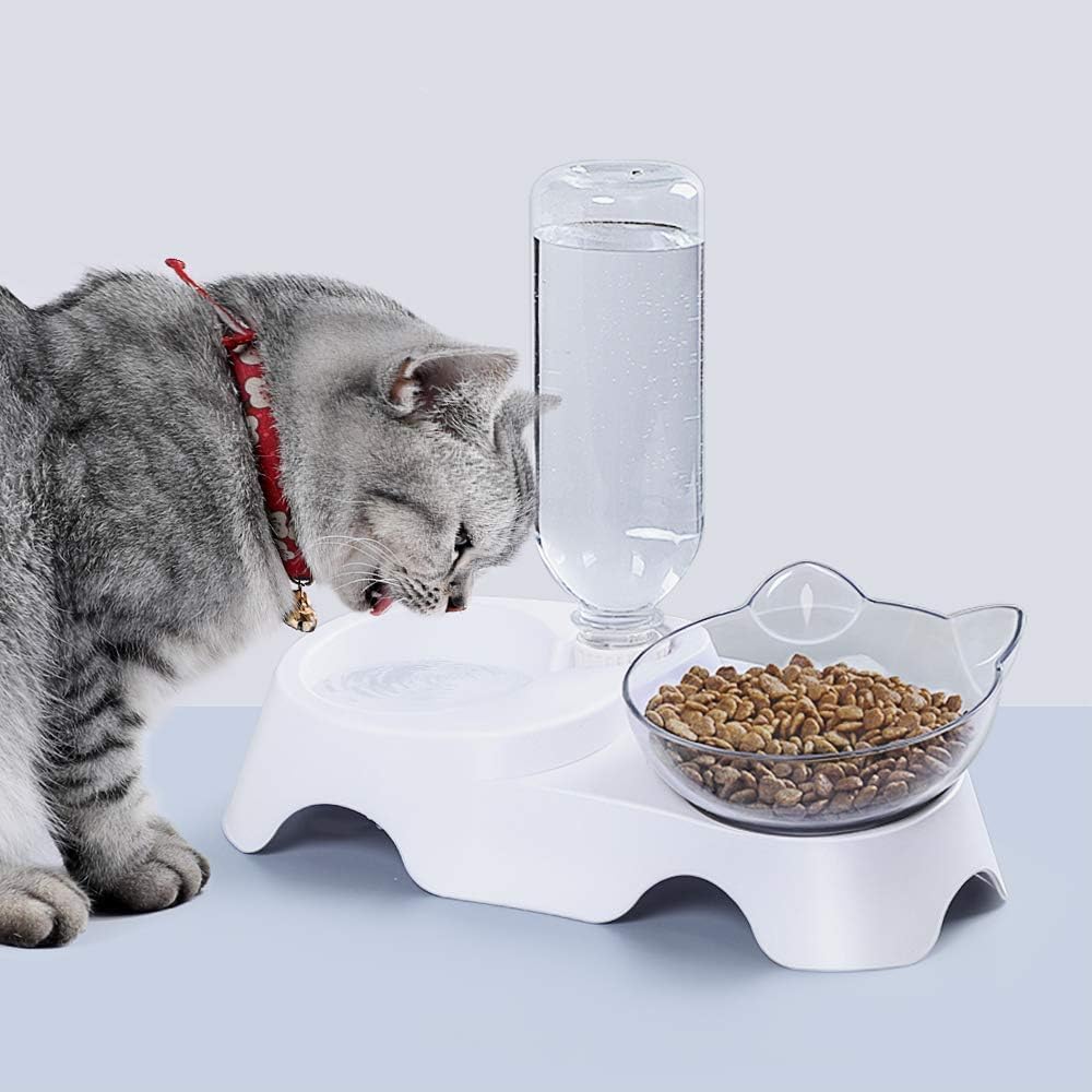 Cat Dual Automatic Feeder & Water Dispenser – 15° Tilted Neck-Protecting Bowl, Detachable Design with Transparent Ear-Shaped Bowl & 17oz Water Bottle