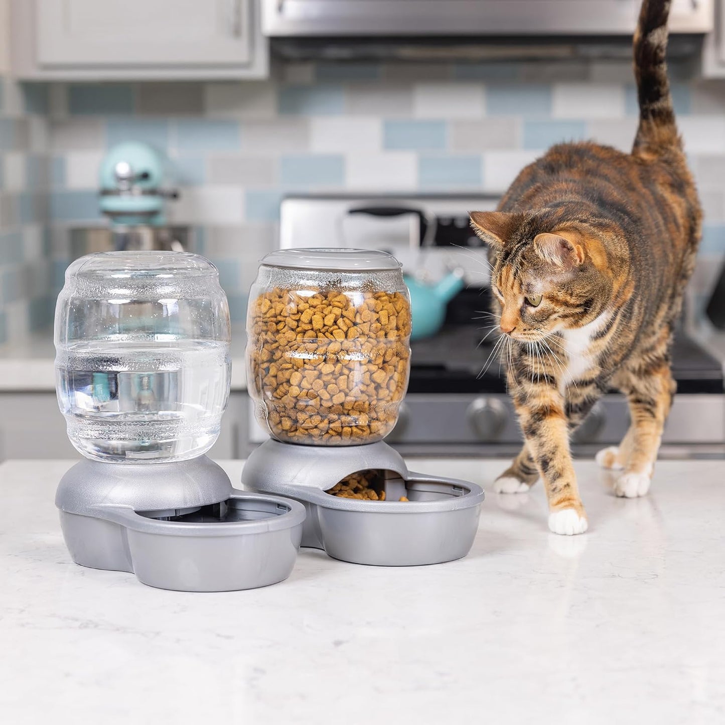 Blue Large Capacity Automatic Pet Food Dispenser – Gravity Feeder for Cats & Dogs with Transparent Food Container, Non-Slip Base, Easy to Clean